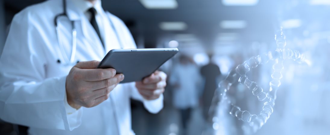 Doctor analyzing patient data tablet