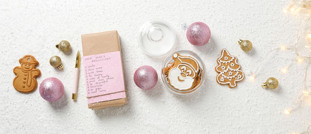 Concept of New Year Resolutions list, new year goals, top view