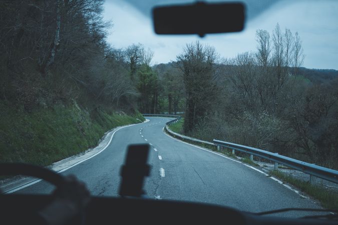 View of inside car empty road in countryside