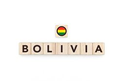 Wooden blocks bearing the name and flag of Bolivia.