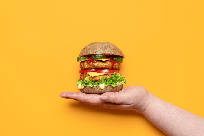 Veggie burger top view, isolated on orange background
