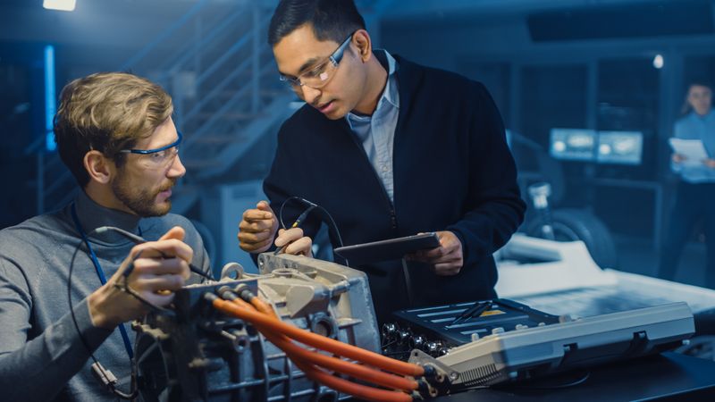 Two Professional Automotive Engineers with a Tablet Computer and Inspection Tools are Having a Conversation While Testing an Electric Engine in a High Tech Laboratory with a Concept Car Chassis.