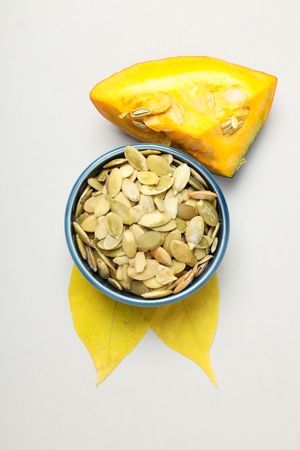 Concept of Autumn vibe food, Pumpkin, Pumpkin seeds