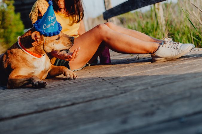 Casual young woman resting next to brown dog with party hat