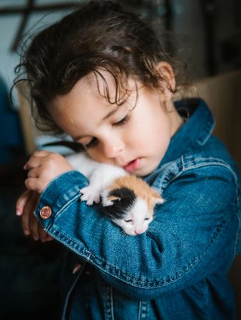 Cute little girl holding tenderly kitten