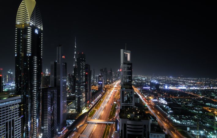 Sheikh Zayed road at night in Dubai, United Emirates