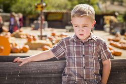 Adorable Little Boy Standing Against Old Wood Wagon at Pumpkin Patch in Rural Setting