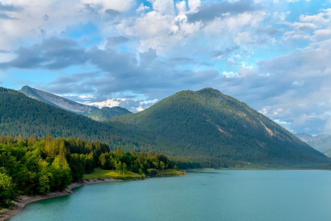 Lake Sylvenstein in Karwendel Mountains, morning alpine scenery
