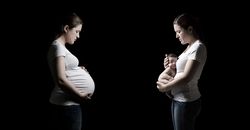 Woman before and after the pregnancy with newborn