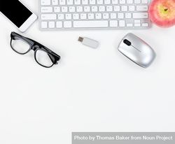 Top border of plain office desktop with modern technology and apple fruit 4dQQab