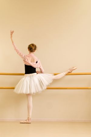 Ballet dancer stretching leg on barre