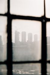 View of city through dirty window