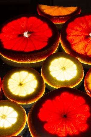 Sliced citrus fruits against light