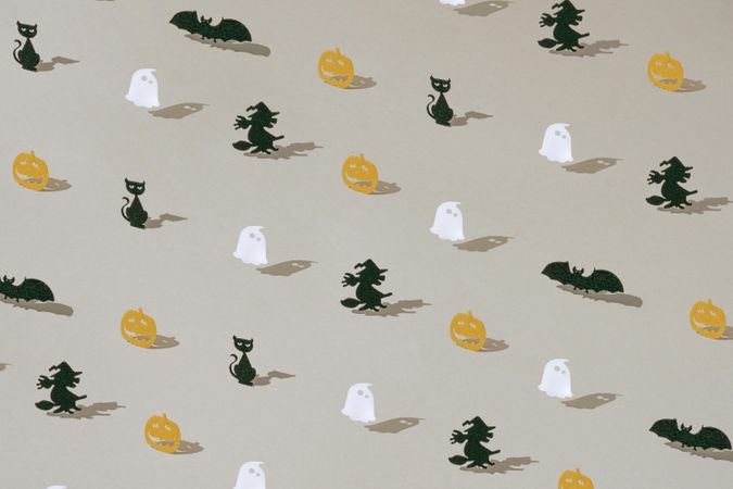 Halloween minimal pattern with paper ghost, pumpkin, witch, bat and car