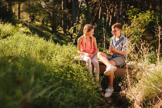 Boy and girl sitting on a log bridge in a park and talking