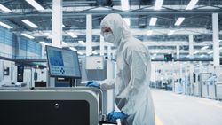 Person in protective gear working at screen