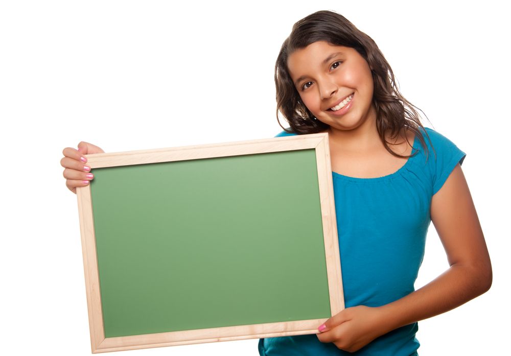 Hispanic Girl Holding Blank Chalkboard