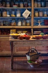 Old village cellar with spices, vegetables and fruits