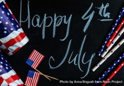 Looking down at chalkboard with the words "Happy 4th of July" surrounded by American flags 5lVd87