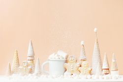 Beige scene of gingerbread cookies and waffle pine trees