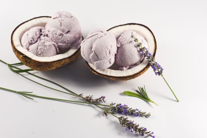 Two coconut shells with purple ice cream and pieces of lavender flowers