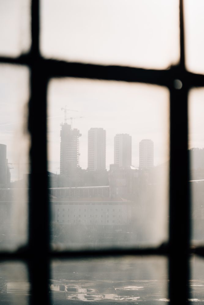 View of city through dirty window