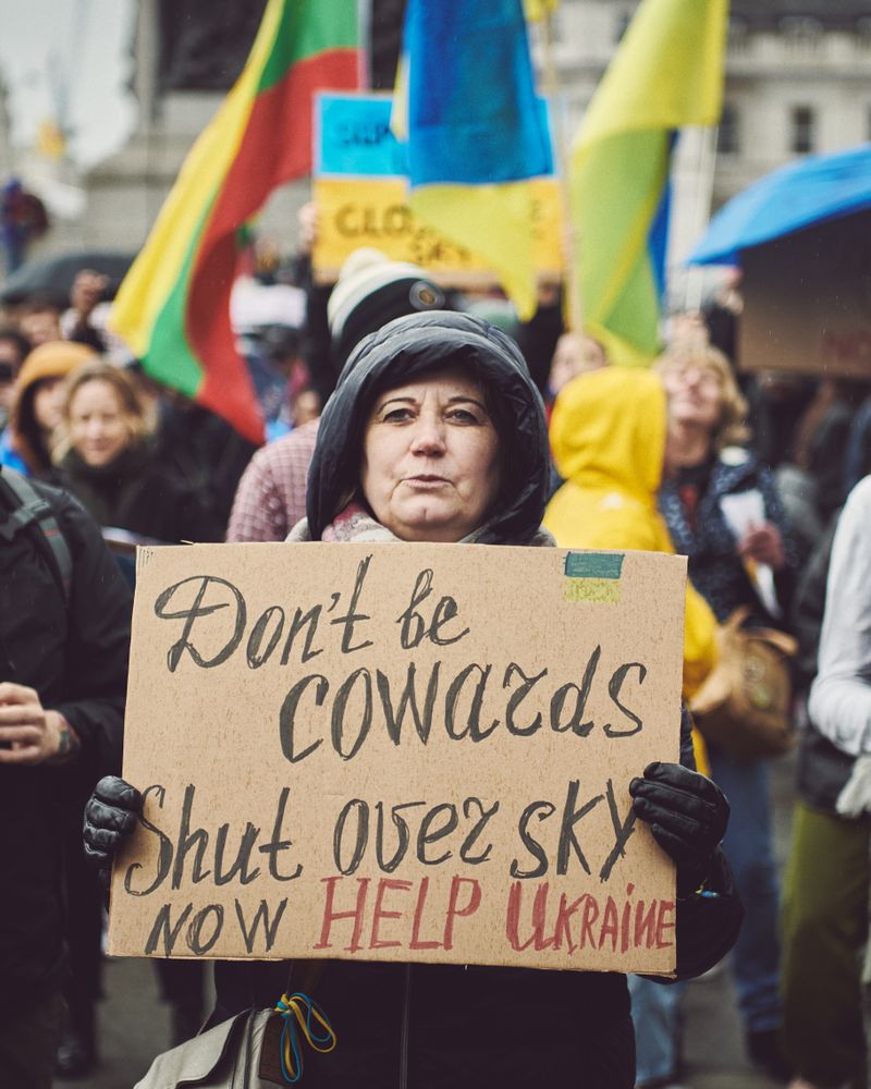 London, England, United Kingdom - March 5 2022: Older woman in warm jacket at anti-war protest