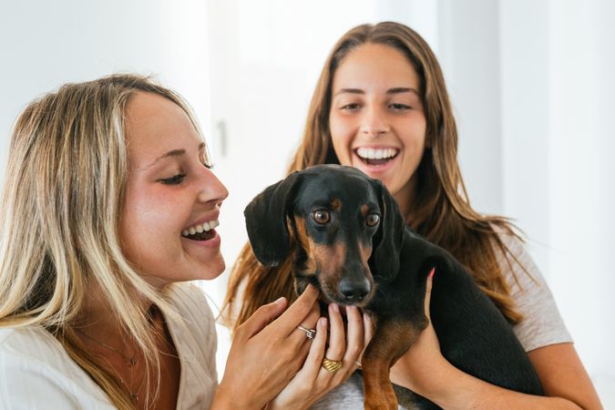 Smiling girlfriends with cute dog