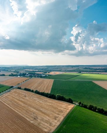 Drone panorama image with agricultural fields in the german rural area