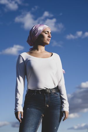 Young woman with cancer bandana
