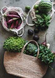 Overhead shot of grocery shopping jute and two mesh bags full of fresh produce