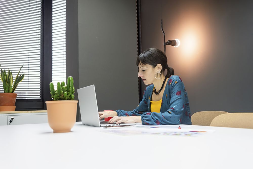 Smiling businesswoman working with laptop