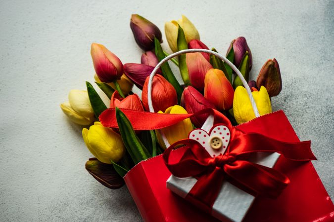 Tulips in shopping bag with gift, red ribbon and heart ornaments on grey background