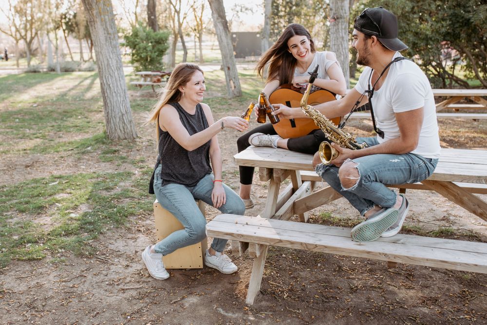 Young musicians drinking beer in park