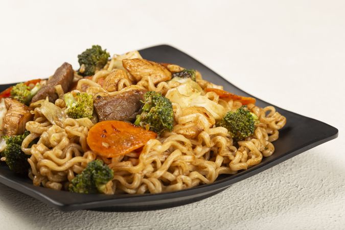 Yakisoba noodles. Yakisoba dish with meat, chicken and vegetables.