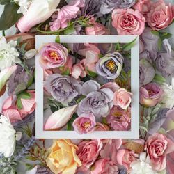 Easter composition made with flowers with ribbon copy space