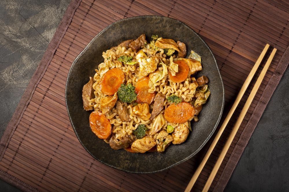 Yakisoba noodles. Yakisoba dish with meat, chicken and vegetables.