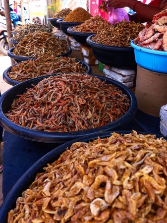 Assorted Dried Fish and Spices at Local Market Stall