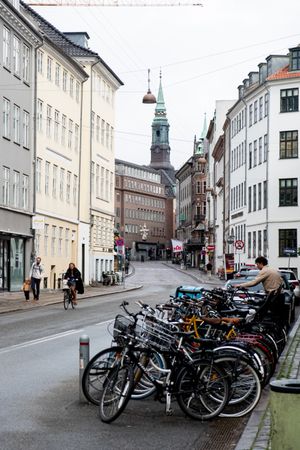 People on quiet road in Copenhagen in the morning