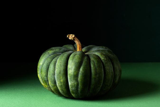 Green pumpkin on green table with shadows behind
