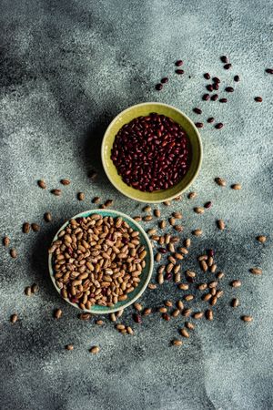Top view of bowls of dried legumes from pantry on grey counter with copy space