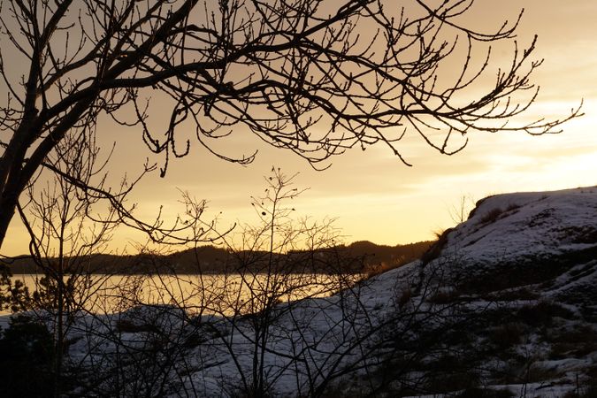 Rocky peaceful shore with snow crust in sunrays