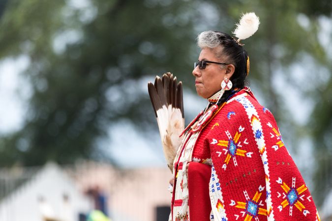 Red Wing, MN, USA - July 8th, 2017: Mature Sioux woman at Pow Wow