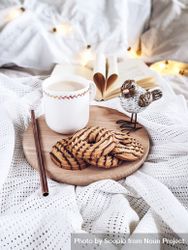Book and a bird on plate of cookies and hot chocolate on bed 0VGkj5