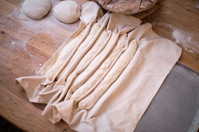 Prepared bread dough for making baguettes