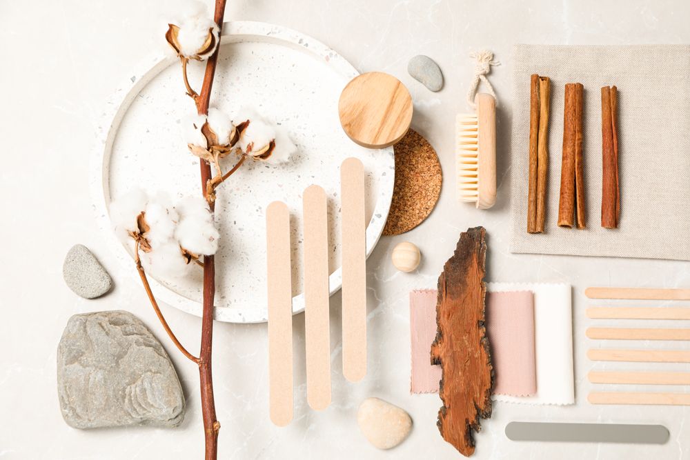 Flat lay of creative moodboard composition, top view