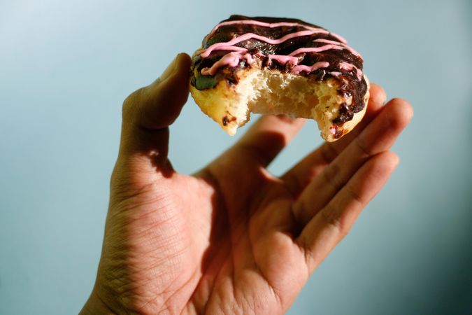 Bitten chocolate donut with pink icing