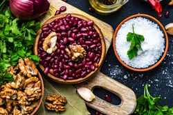 Bowls of ingredients for cooking bean dish