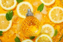 Lemon slices floating in water with mint slices, ice and ornate crystal bottle