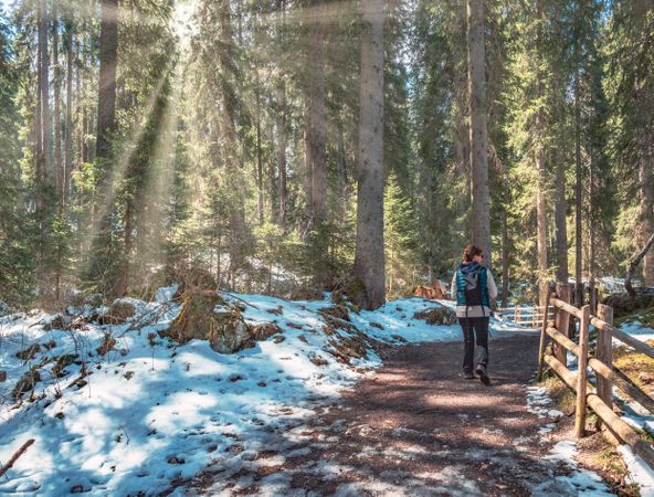 Woman in down vest walking along forest past